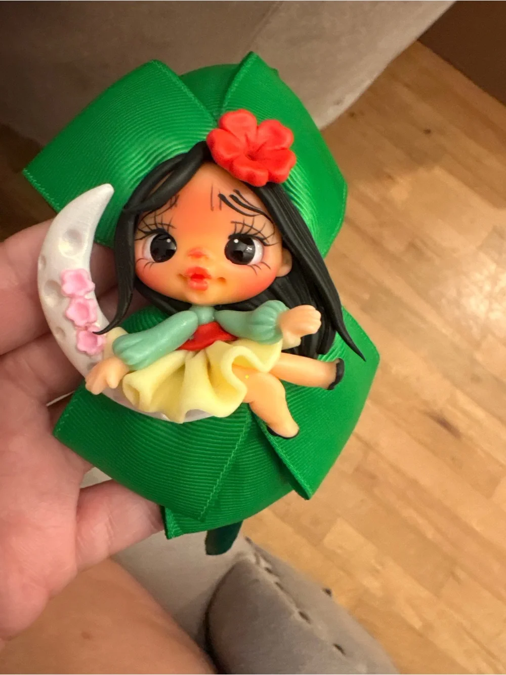 Custom clay bow  Green Kids Headband with Cute Doll Accent